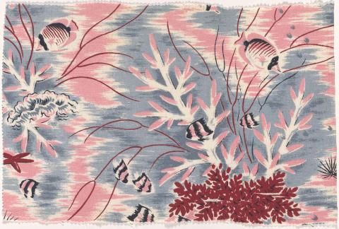 Artwork Textile samples:  Great Barrier Reef this artwork made of Commercially printed cotton cloth, created in 1955-01-01