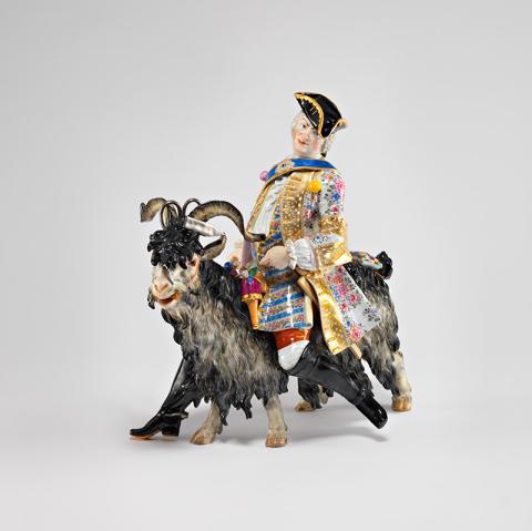 Artwork Sculpture:  The tailor on the he-goat this artwork made of Porcelain, hard-paste moulded and assembled with polychrome colours over a clear glaze