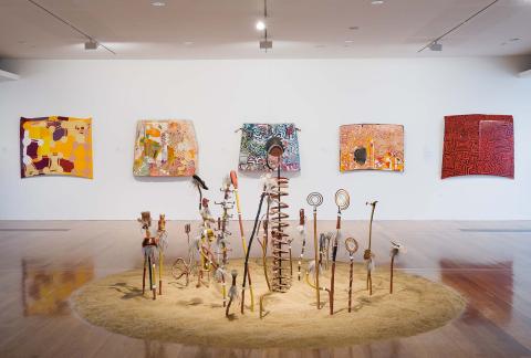 Artwork A stronger spring for David: toas for a modern age this artwork made of Synthetic polymer paint on electrical conduit and PVC tubing with wooden bases, a spring, a ball, feathers, string, found objects and sand, created in 1994-01-01