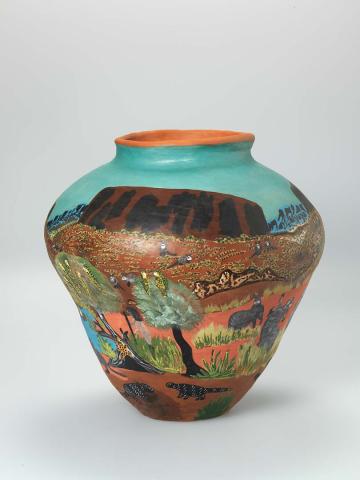 Artwork Pmere (My country) this artwork made of Earthenware, hand-built terracotta clay with underglaze colours and synthetic polymer paint, created in 1996-01-01
