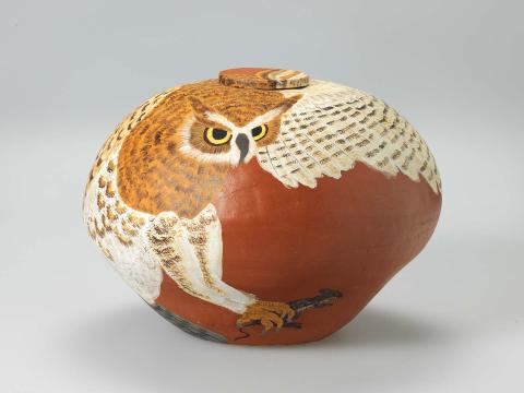 Artwork Owl this artwork made of Earthenware, hand-built terracotta clay with underglaze colours and synthetic polymer paint, created in 1996-01-01