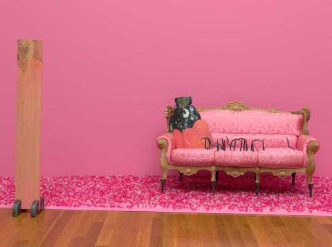 Artwork Pink sofa this artwork made of Wood sofa covered in Korean silk, curved steel pins, steel pin legs on sofa, plastic beads, two wood sculptures painted with synthetic polymer paint, fragments of mother-of-pearl inlay, steel base, created in 1996-01-01