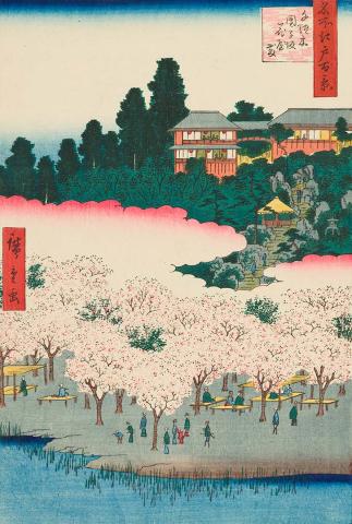 Artwork Sendagi, Dango-zaka Hana-yashiki (no. 16 from 'Meisho Edo hyakkei' series) (Flower pavilion, Dango Hill, Sendagi (no. 16 from 'One hundred famous views of Edo' series)) this artwork made of Colour woodblock print on paper, created in 1856-01-01