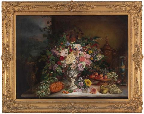 Artwork Fruit and flowers this artwork made of Oil on canvas, created in 1859-01-01