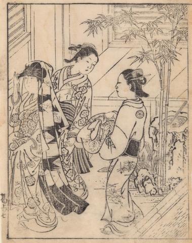 Artwork Woman dressing with the assistance of two maids this artwork made of Woodblock print on paper, created in 1690-01-01