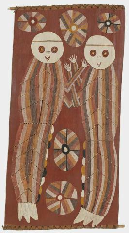 Artwork Two yabbie spirits and waterholes this artwork made of Natural pigments on bark, created in 1994-01-01