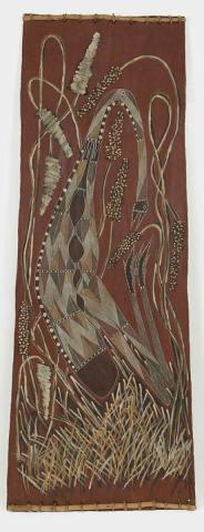 Artwork Brolga in her nest this artwork made of Natural pigments on bark, created in 1994-01-01