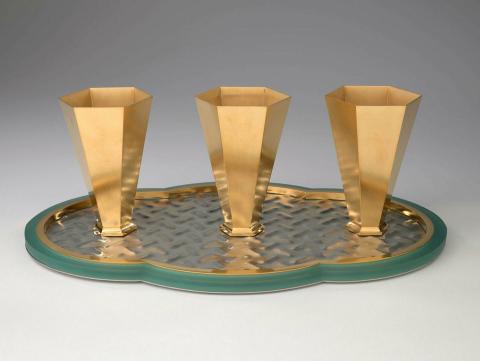 Artwork (Three beakers on praline tray) this artwork made of Stainless steel, float glass and gold-plated gilding metal, created in 1995-01-01