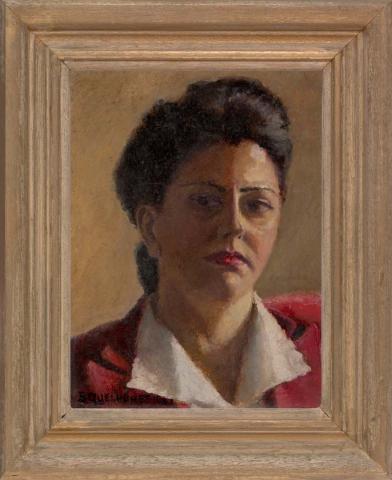 Artwork The red coat (self portrait) this artwork made of Oil on board, created in 1947-01-01