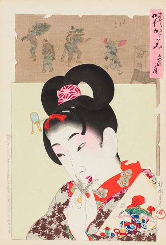 Artwork Beauty of the Bunsei era (1818-30) (from 'Mirror of the ages' series) this artwork made of Colour woodblock print on paper, created in 1896-01-01