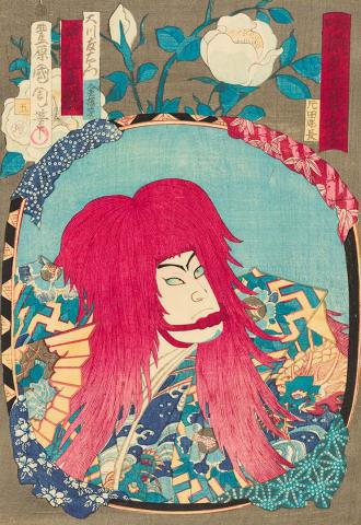 Artwork Actor Shikan as the red-wigged Tomoemon reflected in a mirror this artwork made of Colour woodblock print on paper, created in 1875-01-01