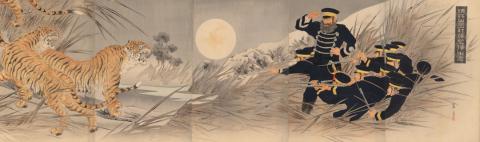 Artwork Soldiers firing on tigers this artwork made of Colour woodblock print