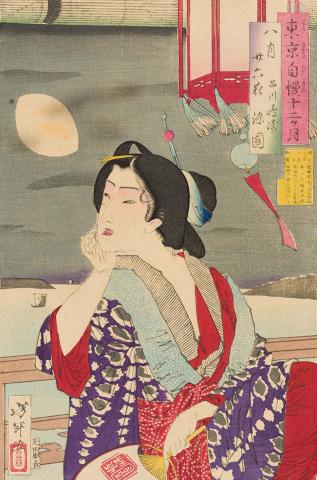 Artwork August: Somezono watching the moon over Shinagawa Harbor (from 'Pride of Tokyo's twelve months' series) this artwork made of Colour woodblock print on paper, created in 1880-01-01