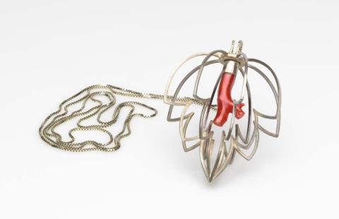 Artwork Pendant:  Flame III this artwork made of Sterling and fine silver with coral, created in 1997-01-01