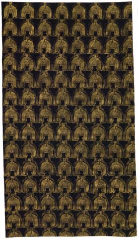 Artwork Textile length:  Dhoeri (feathered headdress) this artwork made of Black commercial cotton fabric, block printed in gold, created in 1996-01-01
