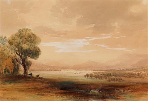 Artwork Heifer Station, Canning Downs this artwork made of Watercolour on paper, created in 1854-01-01