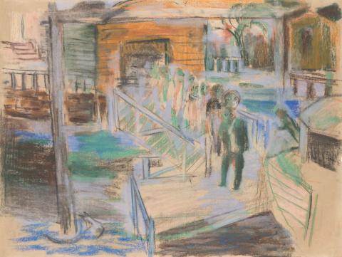 Artwork (Figures on a jetty) this artwork made of Pastel on paper, created in 1955-01-01