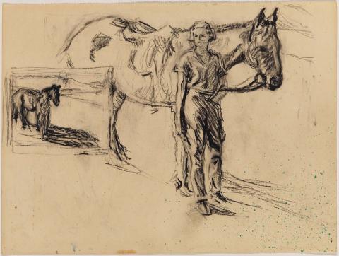 Artwork Study for 'The fair musterer' this artwork made of Crayon on paper, created in 1934-01-01
