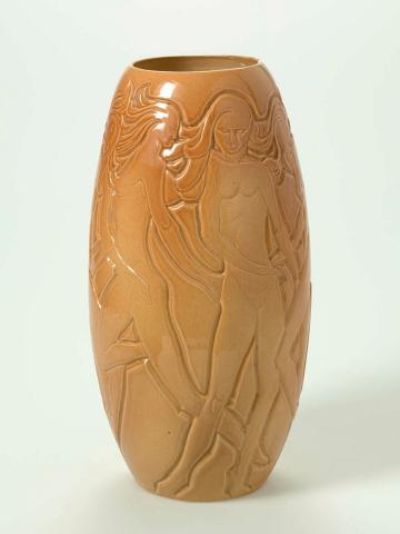 Artwork Vase: (Nude freize) this artwork made of Earthenware, wheelthrown and incised with stylised female nudes, buff glaze, created in 1946-01-01
