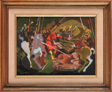 Artwork Homage to Uccello this artwork made of Oil on canvas, created in 1961-01-01