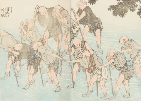 Artwork Blind men fording a stream (from 'Hokusai Gafu' (A Hokusai album)) this artwork made of Colour woodblock print on paper, created in 1849-01-01