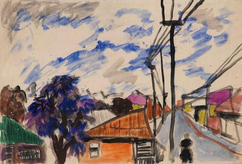 Artwork Study for 'Street in Spring Hill' this artwork made of Gouache on paper, created in 1953-01-01