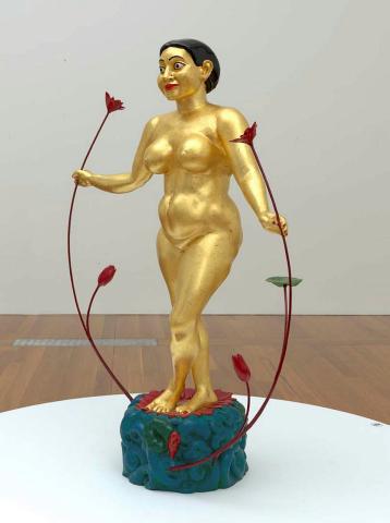 Artwork Woman with lotus flower this artwork made of Synthetic polymer paint, gold leaf on polyester resin fibreglass, created in 1998-01-01