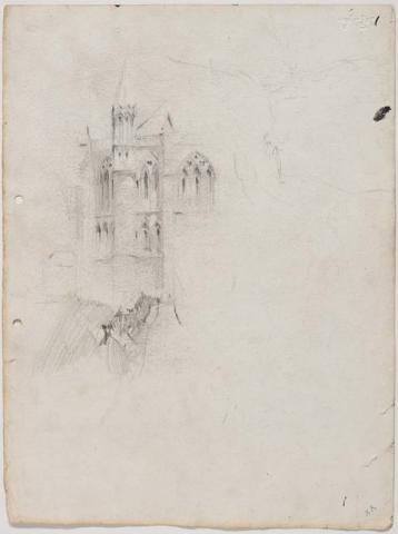 Artwork Vignette of chancel and one tower of Cathedral this artwork made of Pencil on paper, created in 1912-01-01
