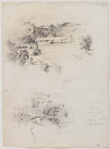 Artwork Howard Smith's wharves etc. from near kitchens (Creek at Cooroy) picnic this artwork made of Pencil on paper, created in 1916-01-01