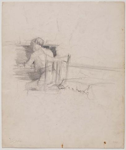 Artwork Woman at writing desk; Interior with woman at writing desk, Women's College this artwork made of Pencil on paper, created in 1912-01-01