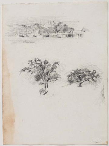 Artwork (Two studies - Brisbane River and wharf, and trees) this artwork made of Pencil on paper, created in 1912-01-01