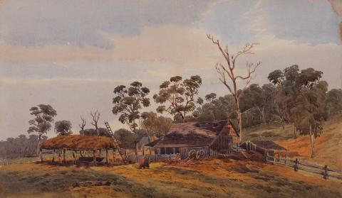 Artwork A farmstead on Lytton Road, Bulimba this artwork made of Watercolour over pencil on paper, created in 1889-01-01