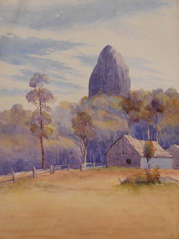 Artwork Mt Coonowrin this artwork made of Watercolour over pencil on paper, created in 1884-01-01
