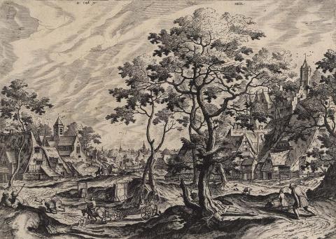 Artwork View of a village with a chariot drawn by two horses this artwork made of Etching on paper, created in 1551-01-01