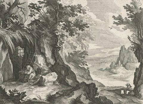 Artwork Mountainous landscape with river this artwork made of Etching and engraving on paper, created in 1588-01-01