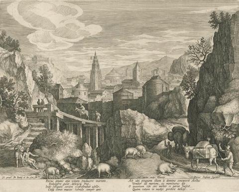 Artwork Mountainous landscape with a village in the distance this artwork made of Engraving on paper, created in 1550-01-01