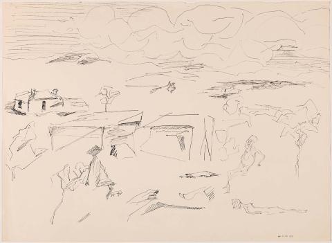 Artwork Country landscape with figures and dog (Moment of brightness) no. 1 this artwork made of Pen and ink on paper, created in 1971-01-01