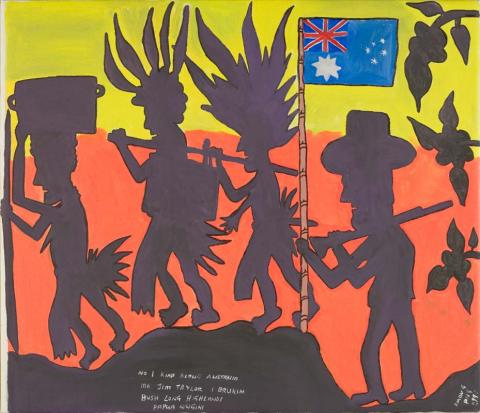 Artwork No 1 Kiap blong Australia Mr Jim Taylor I brukim bush long Highlands Papua Niugini (The first Australian Officer, Mr Jim Taylor, in an exploratory mission in the Highlands of Papua New Guinea) this artwork made of Synthetic polymer paint on canvas, created in 1999-01-01