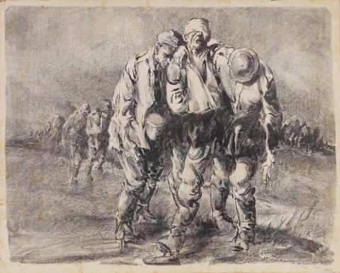 Artwork Wine of victory (German prisoners, the salient) (from 'Australia at war' series) this artwork made of Lithograph on paper on card, created in 1918-01-01