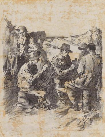 Artwork With the 2nd Tunnellers, Le Paune, 1917 (from 'Australia at war' series) this artwork made of Lithograph on paper on card, created in 1918-01-01