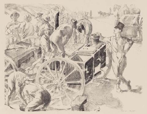 Artwork The cookers near Villers-Bretonneux (from 'Australia at war' series) this artwork made of Lithograph on paper, created in 1918-01-01