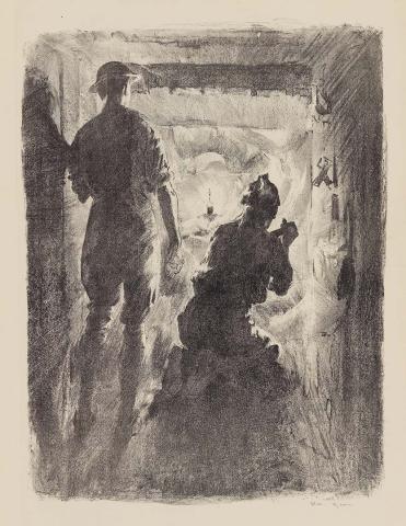 Artwork Australian tunnellers near Nieuport (from 'Australia at war' series) this artwork made of Lithograph on paper, created in 1917-01-01