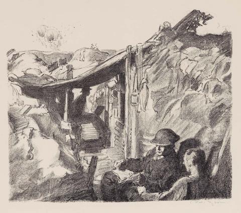 Artwork With Manton's guns, Hill 60 (from 'Australia at war' series) this artwork made of Lithograph on paper, created in 1917-01-01