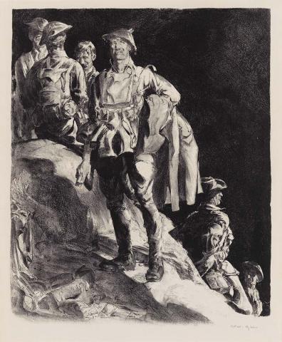 Artwork Company awaiting relief near Ville-sur-Ancre (from 'Australia at war' series) this artwork made of Lithograph on paper on card, created in 1918-01-01