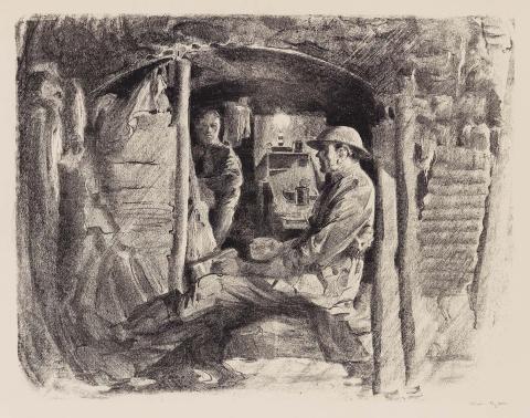 Artwork Battery Commander's dug-out, Hill 60 (from 'Australia at war' series) this artwork made of Lithograph on paper, created in 1917-01-01