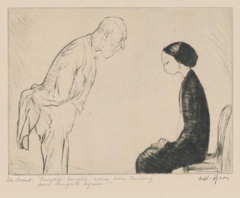 Artwork Our psycho analysts. Dr. Freud: "Naughty, naughty, who's been thinking pure thoughts again?" this artwork made of Drypoint on cream wove paper, created in 1925-01-01