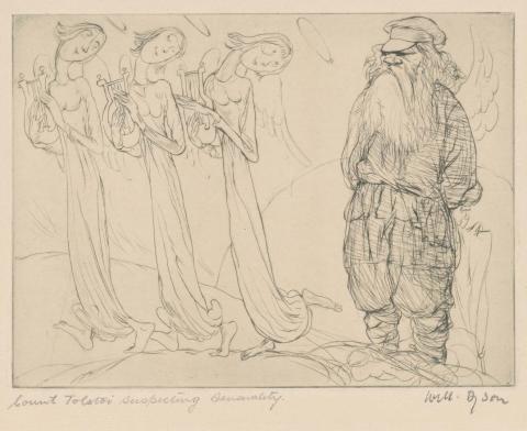 Artwork Count Leo Tolstoi suspecting an element of sensuality in the Heavenly choir this artwork made of Drypoint on paper, created in 1926-01-01