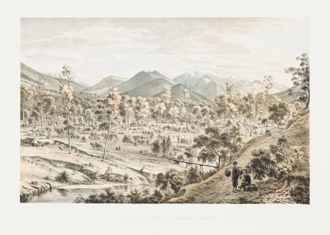 Artwork The valley of the Ovens River (plate II from 'Australian landscapes' portfolio) this artwork made of Colour lithograph on smooth wove paper, created in 1866-01-01