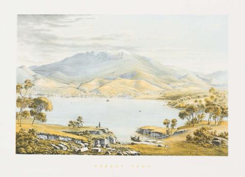 Artwork Hobart Town, from Kangaroo Point, Tasmania (plate VI from 'Australian landscapes' portfolio) this artwork made of Colour lithograph on smooth wove paper, created in 1866-01-01