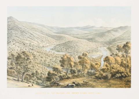Artwork The junction of the Buchan with the Snowy River (plate IX from 'Australian landscapes' portfolio) this artwork made of Colour lithograph on smooth wove paper, created in 1866-01-01